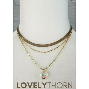 FRASIER STERLING // gold 3 strand necklace rose painted frosted heart pendant